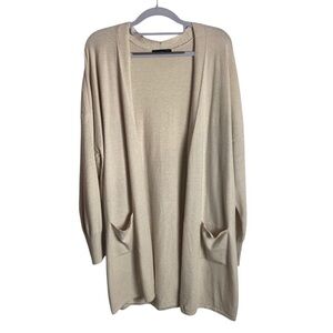 Verve Ami 1X Cardigan Open Front Neutral Kahki Tan Longlined Soft Cozy Pockets